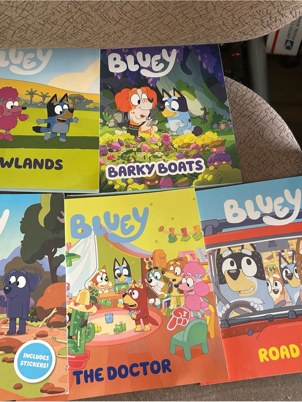 Set of 5 bluey books (Camping,shadowlands,The Doctor, Road trip, Barky Boats)